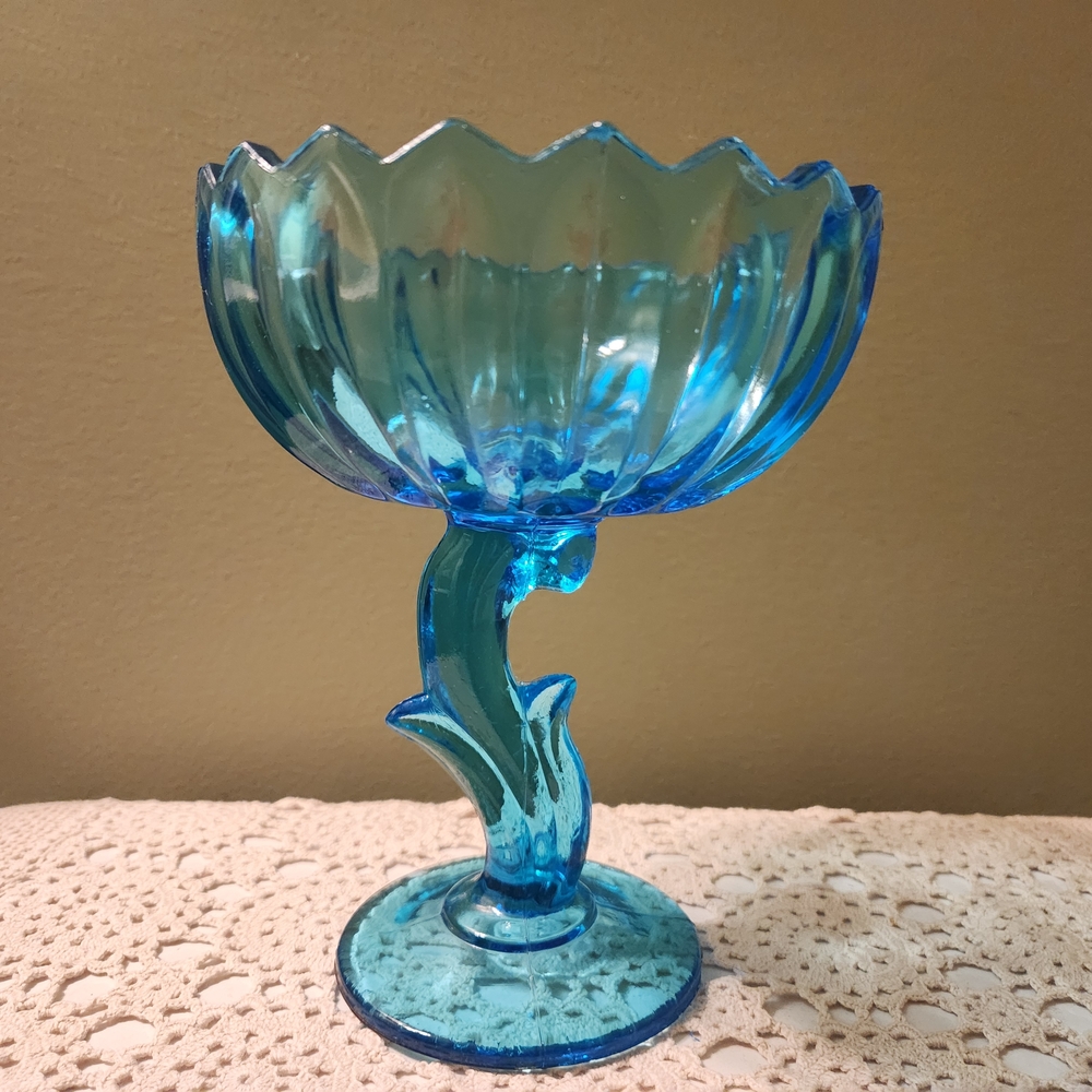 Indiana Glass Aqua Blue Footed Lotus Compote / Candy Dish - Picture 4 of 16